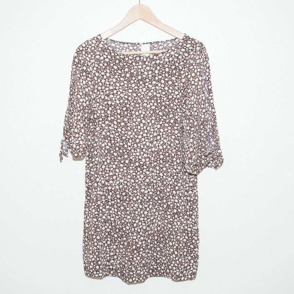 H&M Brown Floral Mini Shift Dress With Tie Sleeves